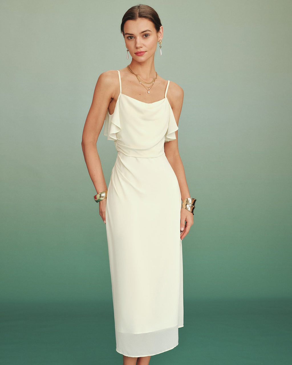 Apricot Ruffle Slip Chiffon Midi Dress 0