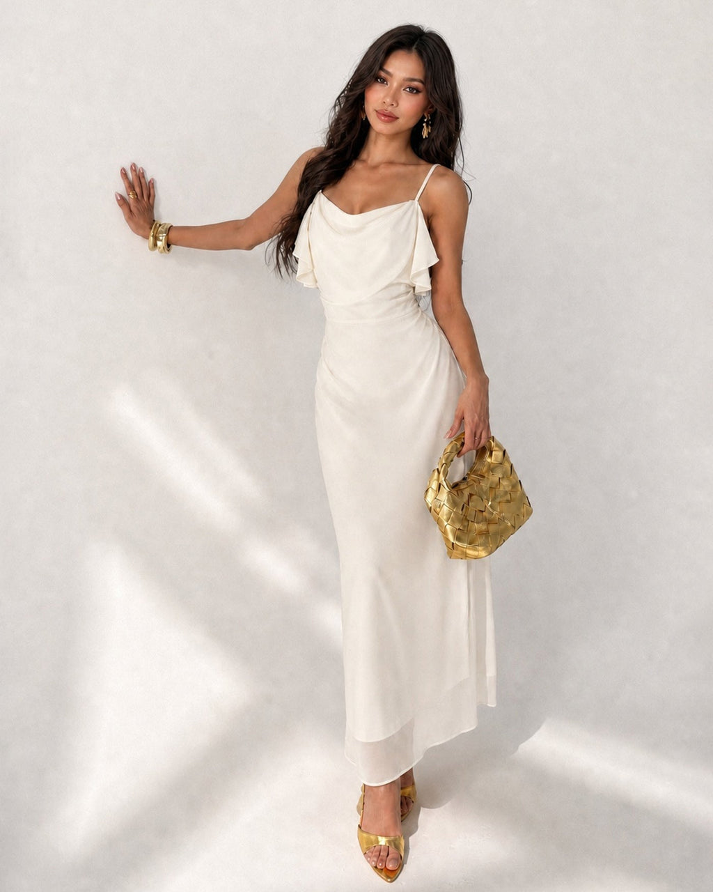 Apricot Ruffle Slip Chiffon Midi Dress 1