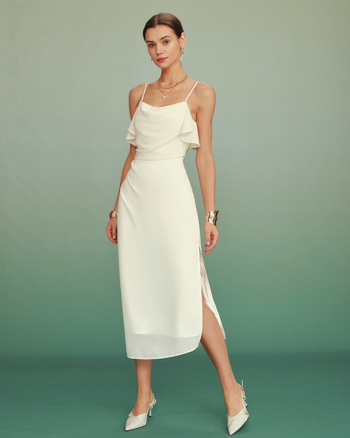 Apricot Ruffle Slip Chiffon Midi Dress 3