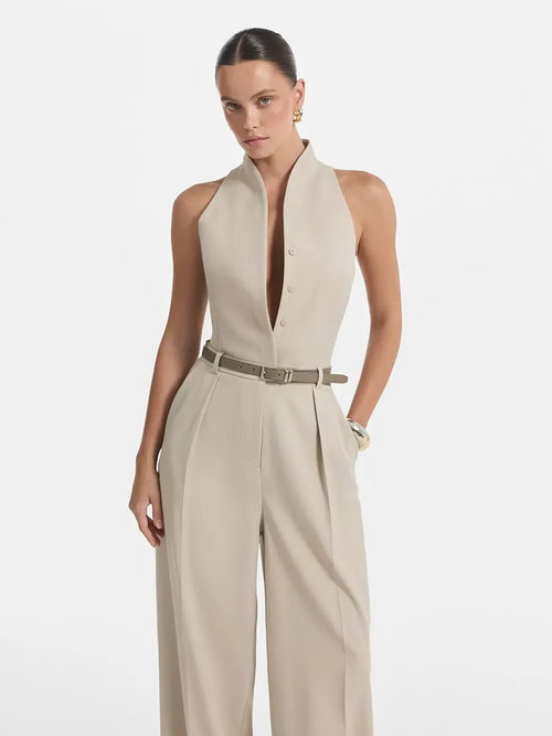 KT 2026 New Women's Beige Halter Neck Jumpsuit with Belt, Sleeveless Wide Leg Pants, Elegant Formal & Office Outfit 0