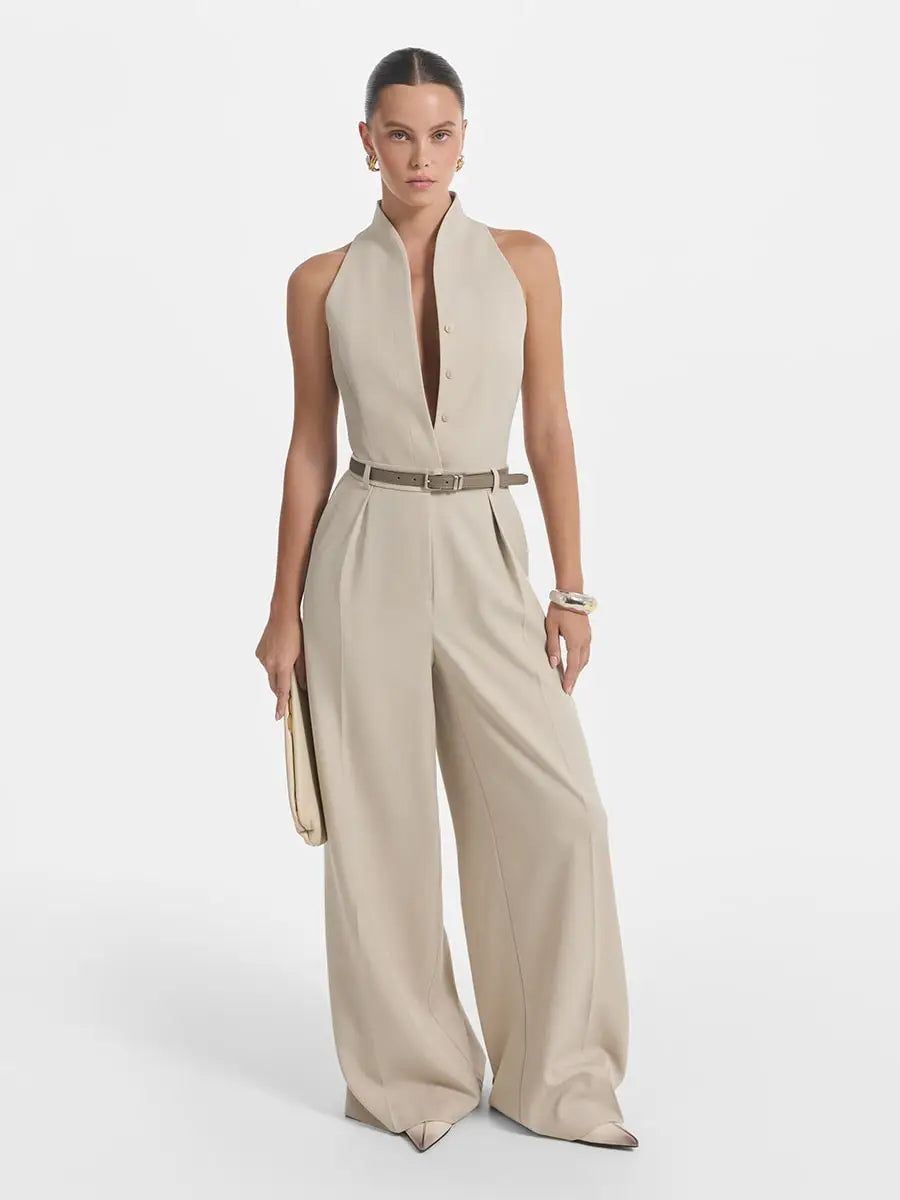KT 2026 New Women's Beige Halter Neck Jumpsuit with Belt, Sleeveless Wide Leg Pants, Elegant Formal & Office Outfit 1