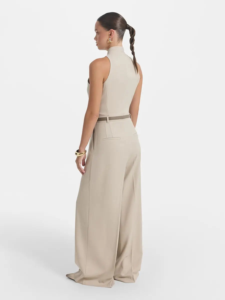 KT 2026 New Women's Beige Halter Neck Jumpsuit with Belt, Sleeveless Wide Leg Pants, Elegant Formal & Office Outfit 2