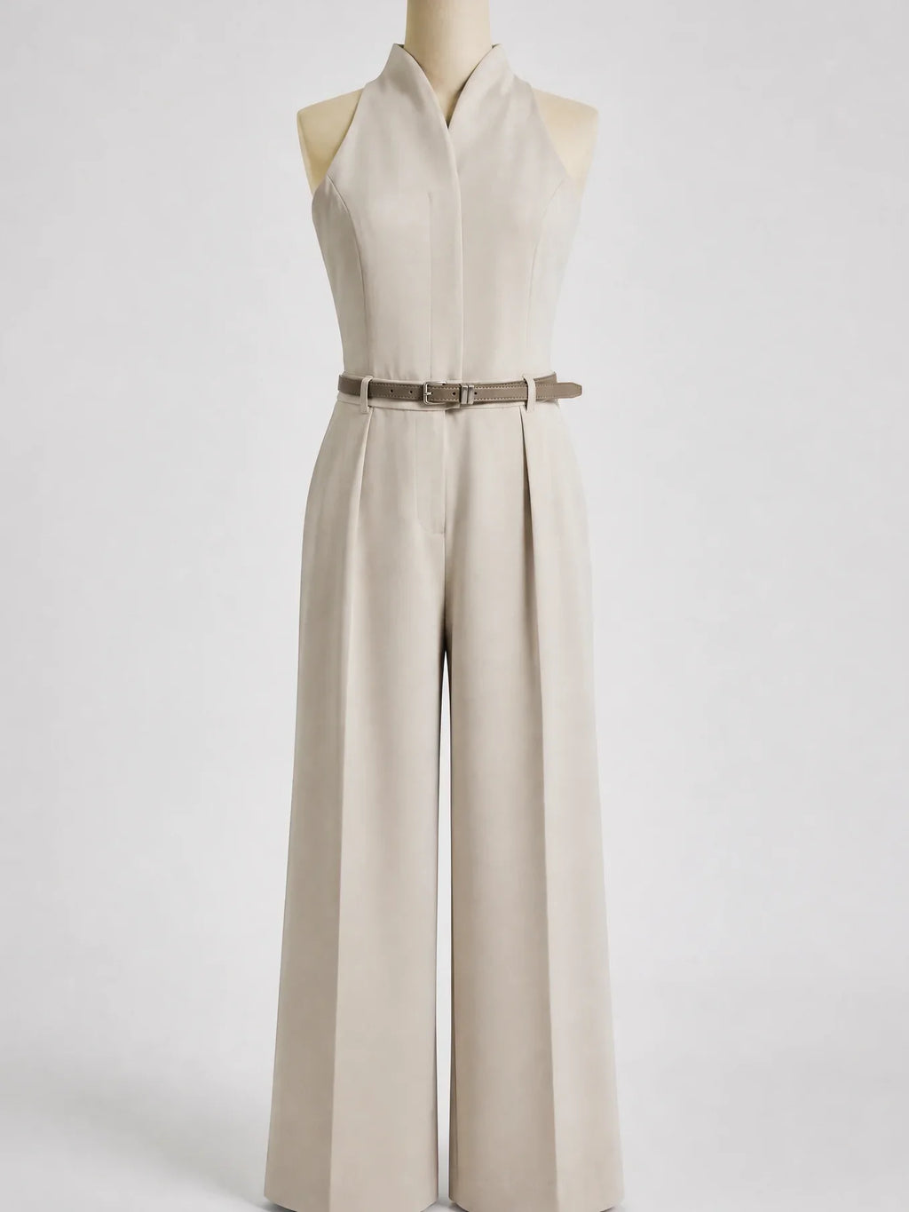 KT 2026 New Women's Beige Halter Neck Jumpsuit with Belt, Sleeveless Wide Leg Pants, Elegant Formal & Office Outfit 4