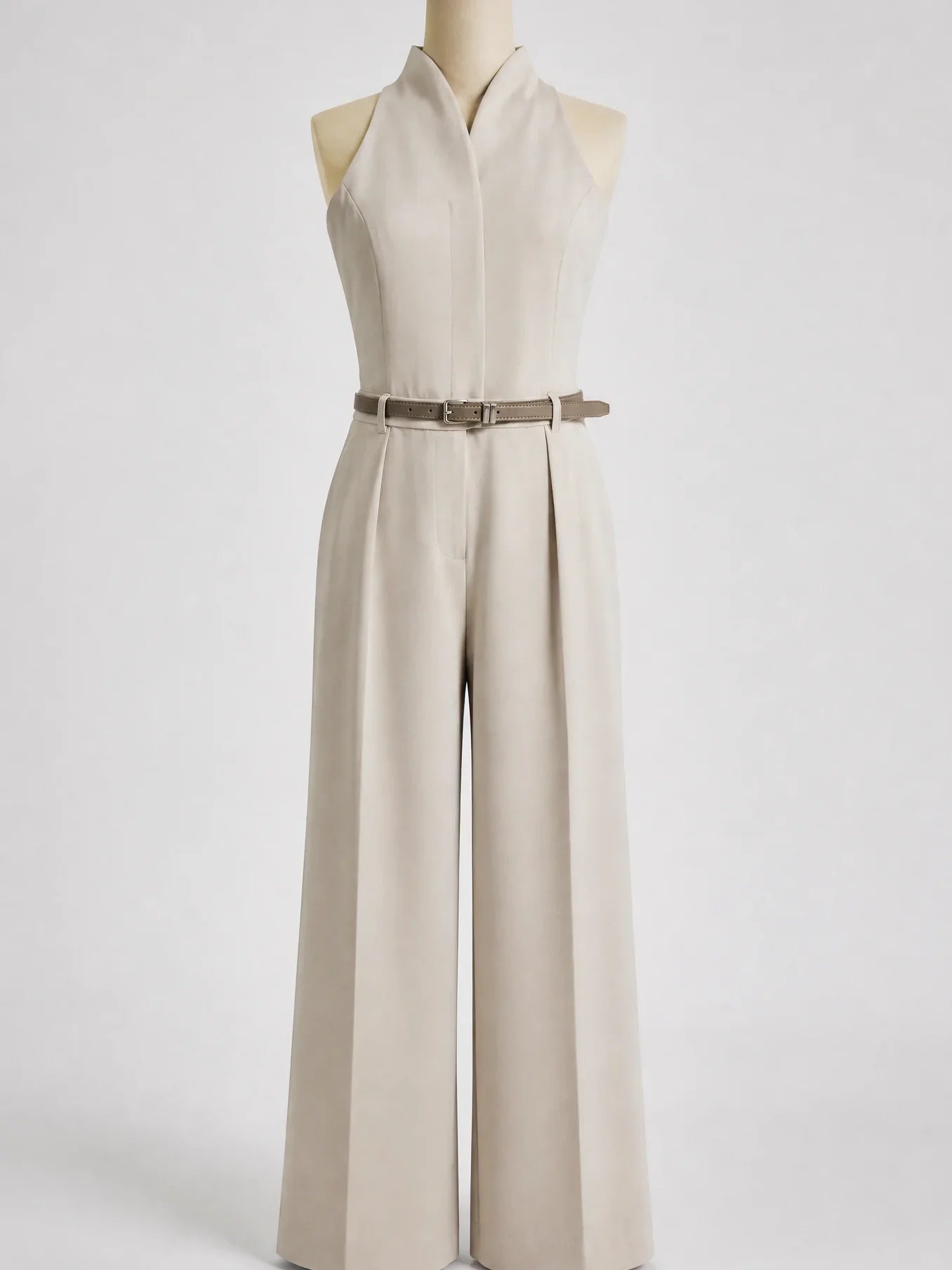 KT 2026 New Women's Beige Halter Neck Jumpsuit with Belt, Sleeveless Wide Leg Pants, Elegant Formal & Office Outfit 4