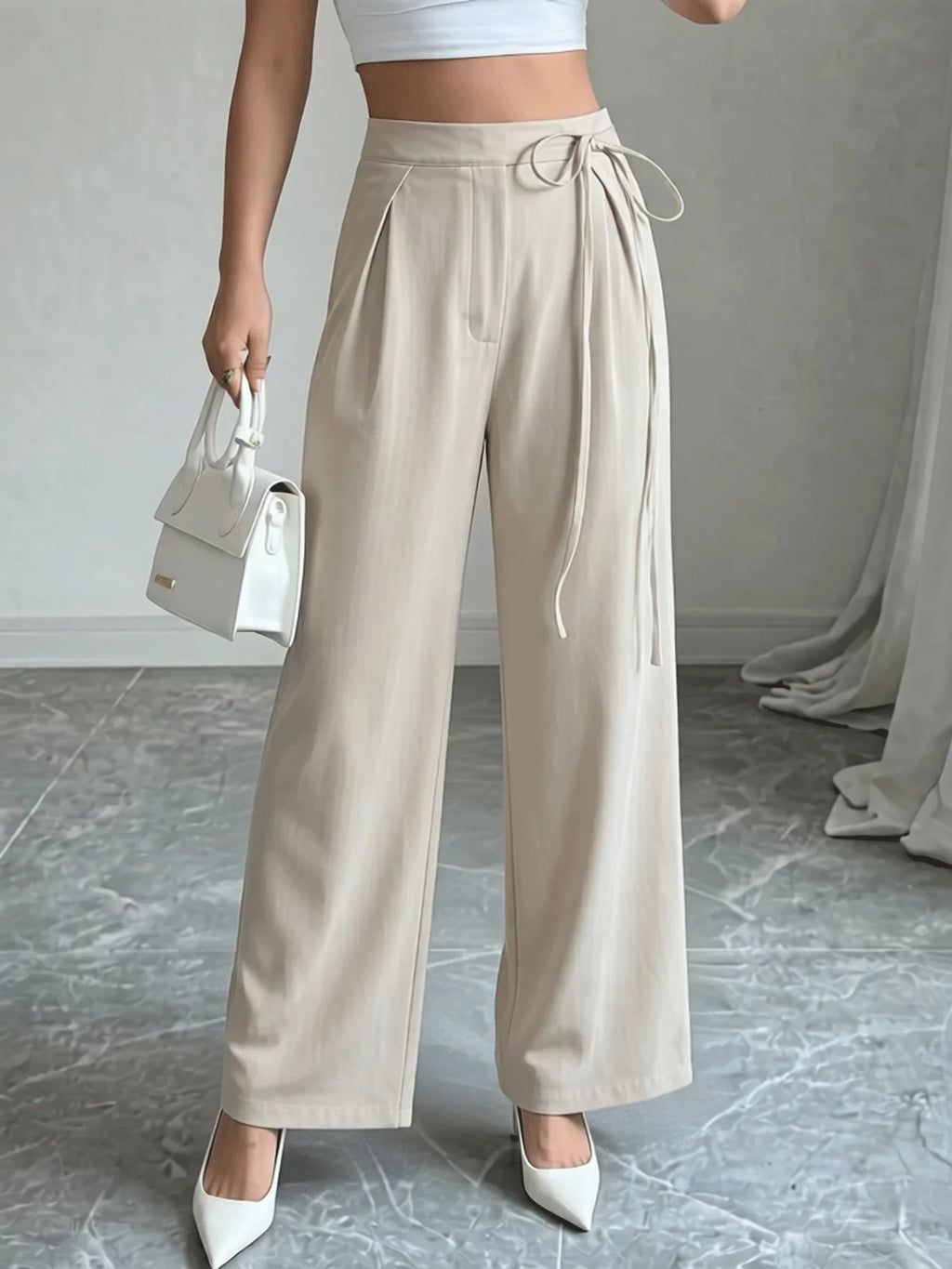 Office Chic High Waist Tie Waist Beige Wide Leg Pants,Trousers for Office & Daily Wear 0