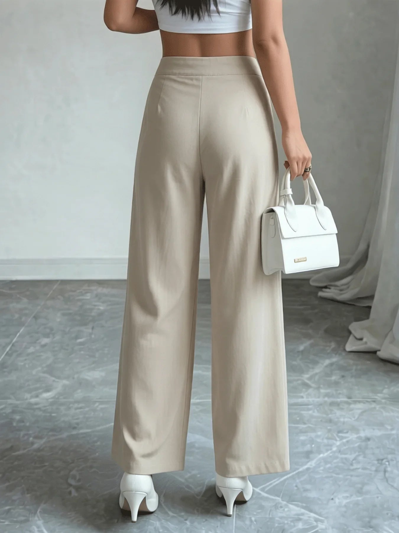 Office Chic High Waist Tie Waist Beige Wide Leg Pants,Trousers for Office & Daily Wear 1
