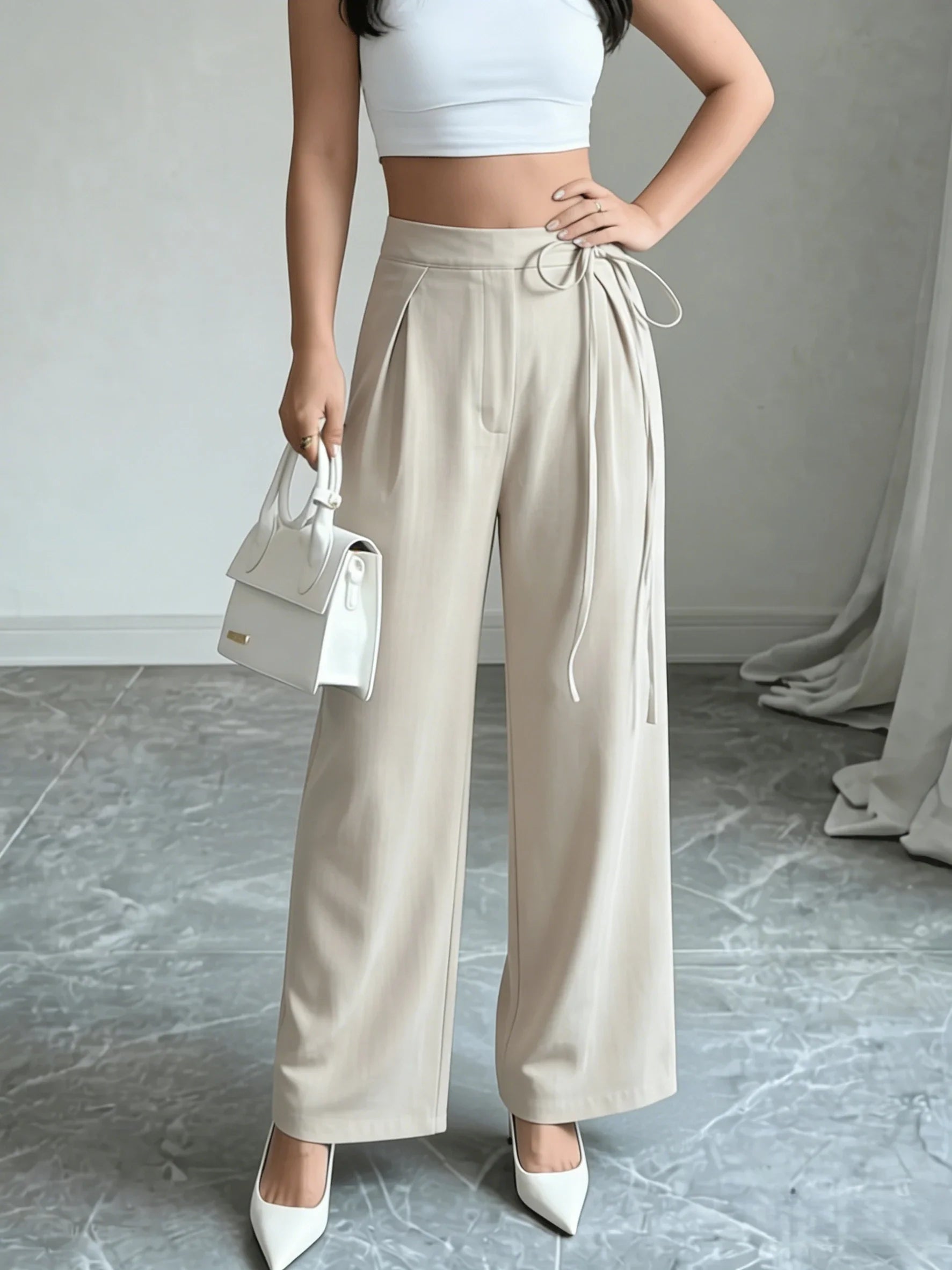 Office Chic High Waist Tie Waist Beige Wide Leg Pants,Trousers for Office & Daily Wear 2