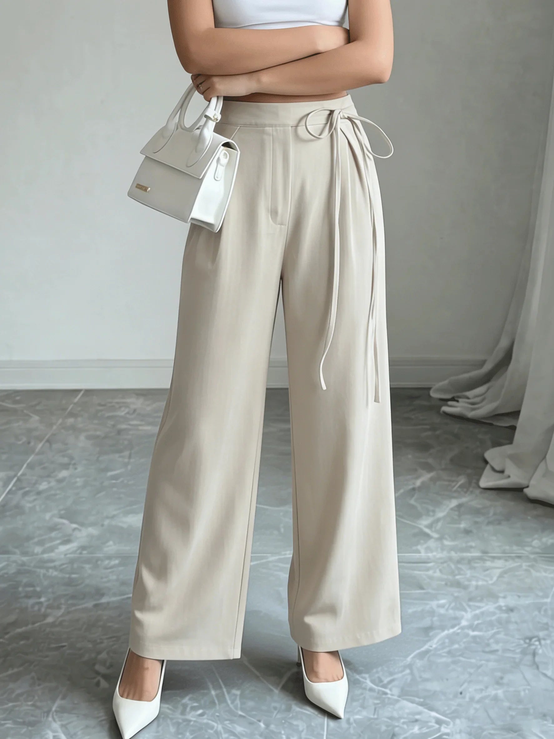 Office Chic High Waist Tie Waist Beige Wide Leg Pants,Trousers for Office & Daily Wear 3
