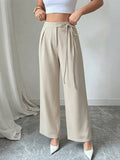 Office Chic High Waist Tie Waist Beige Wide Leg Pants,Trousers for Office & Daily Wear 4