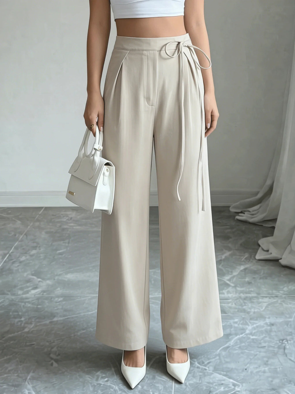 Office Chic High Waist Tie Waist Beige Wide Leg Pants,Trousers for Office & Daily Wear 5