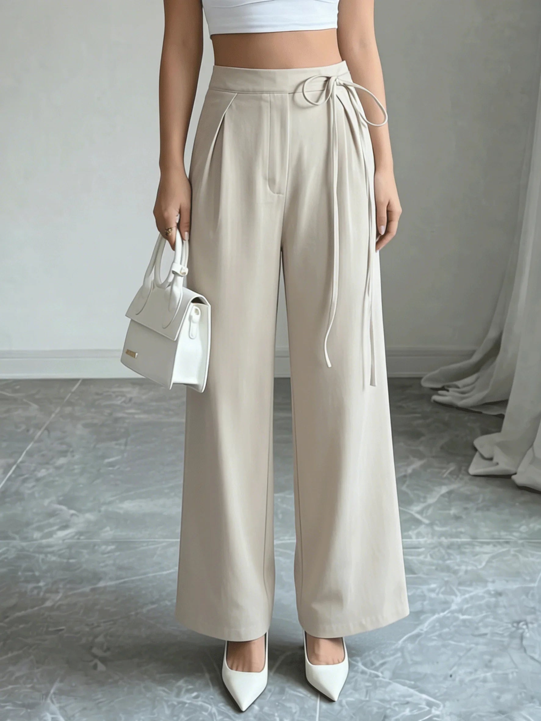 Office Chic High Waist Tie Waist Beige Wide Leg Pants,Trousers for Office & Daily Wear 5