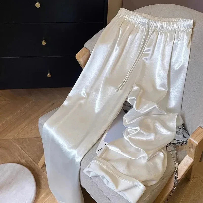 Satin Wide Leg Pants for Women Summer High Waist Drawstring Loose Casual Pants Y2K Fashion Simple All Match Straight Trousers 1