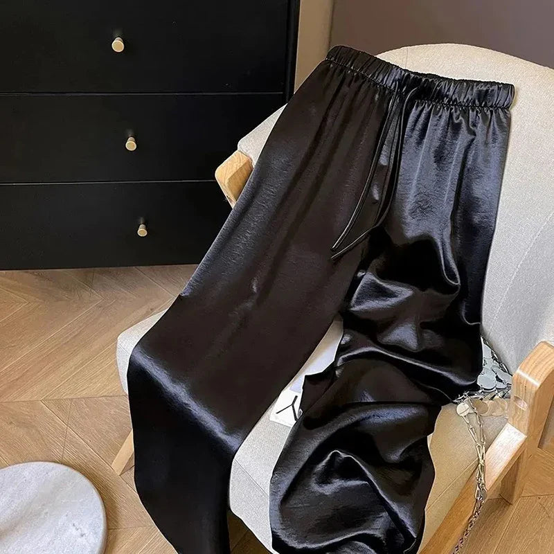 Satin Wide Leg Pants for Women Summer High Waist Drawstring Loose Casual Pants Y2K Fashion Simple All Match Straight Trousers 2