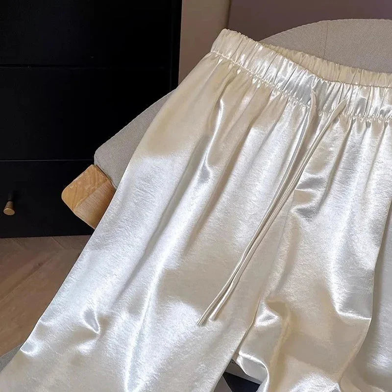Satin Wide Leg Pants for Women Summer High Waist Drawstring Loose Casual Pants Y2K Fashion Simple All Match Straight Trousers 3