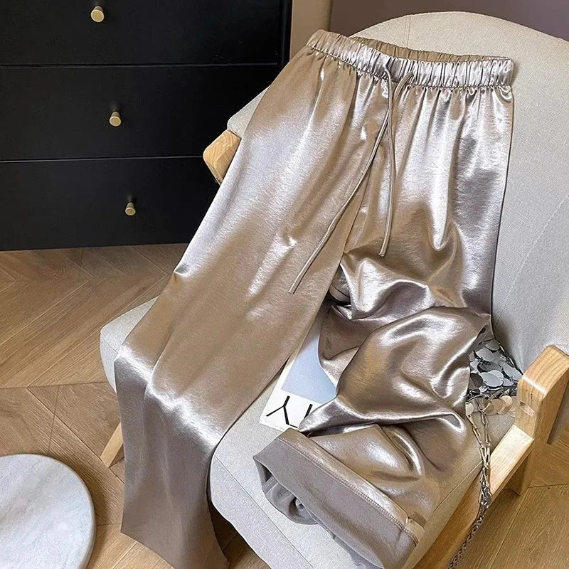 Satin Wide Leg Pants for Women Summer High Waist Drawstring Loose Casual Pants Y2K Fashion Simple All Match Straight Trousers 4
