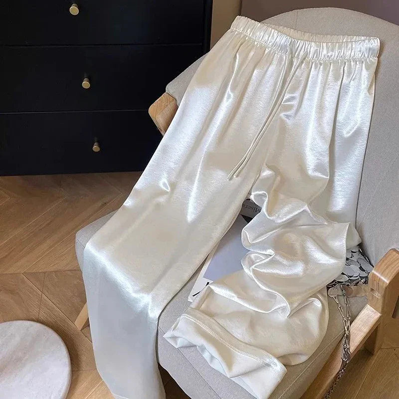 Satin Wide Leg Pants for Women Summer High Waist Drawstring Loose Casual Pants Y2K Fashion Simple All Match Straight Trousers 5