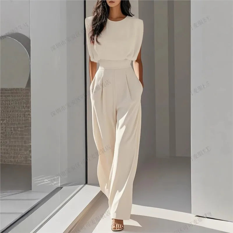 Simple Solid Color Women's Jumpsuit Summer Fashion O-neck Sleeveless High Waisted Straight Leg Pants Ladies Hot Style Jumpsuits 0