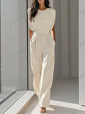 Simple Solid Color Women's Jumpsuit Summer Fashion O-neck Sleeveless High Waisted Straight Leg Pants Ladies Hot Style Jumpsuits 8