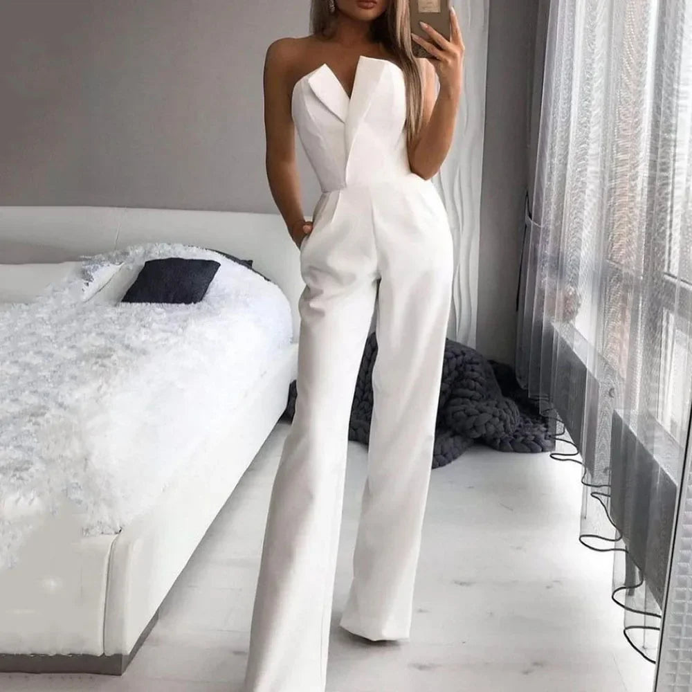 Summer Long Rompers Women Jumpsuit Elegant Strapless Summer Sleeveless Wide Leg Club Party Outfits Work 2024 White Overalls 0
