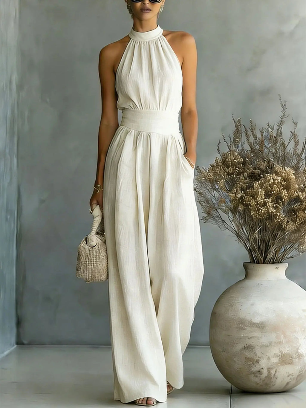 Women Solid Textured Fabric Jumpsuit Halter Sleeveless Open Shoulder Elastic Smocked Cinched Waist  Pockets Wide Leg Romper 0