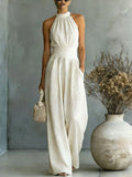 Women Solid Textured Fabric Jumpsuit Halter Sleeveless Open Shoulder Elastic Smocked Cinched Waist  Pockets Wide Leg Romper 0