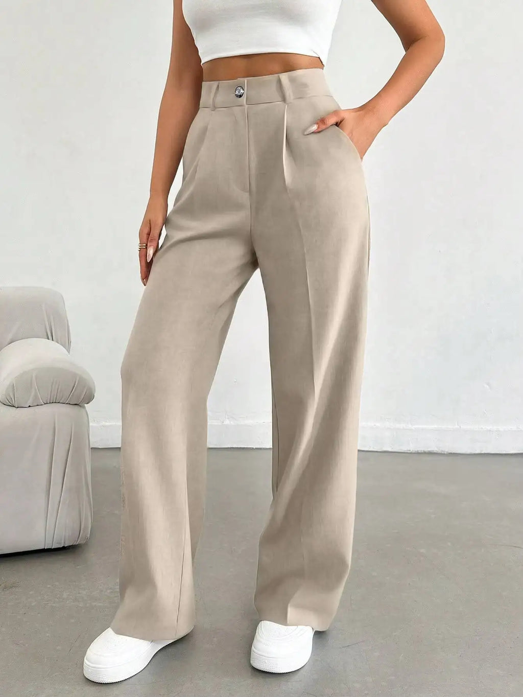 Women Spring Summer Wide Leg Trousers Casual Comfortable Loose High Waist Fashion Commuter Office Suit Pants Lightweight Beige 0