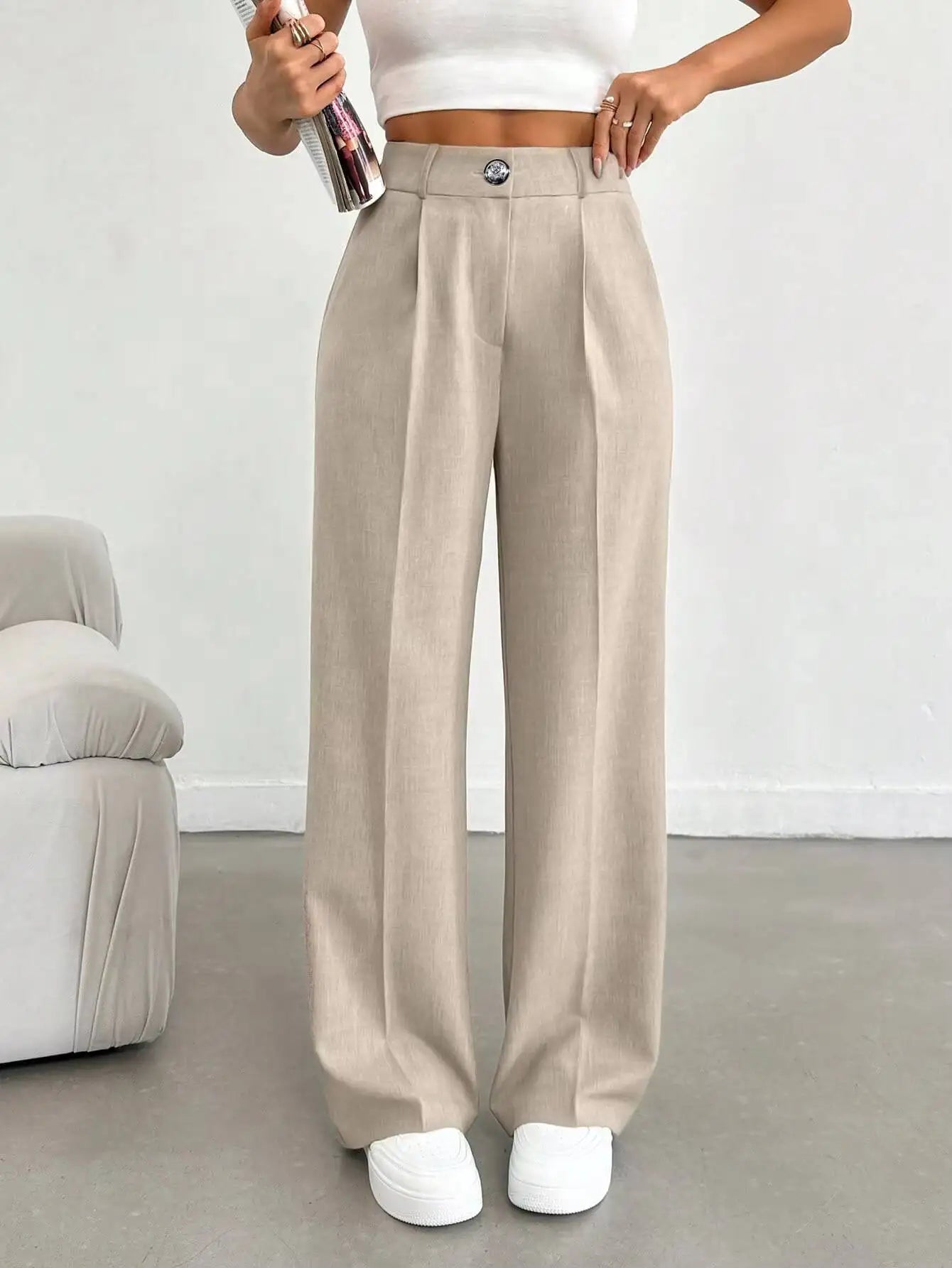 Women Spring Summer Wide Leg Trousers Casual Comfortable Loose High Waist Fashion Commuter Office Suit Pants Lightweight Beige 2