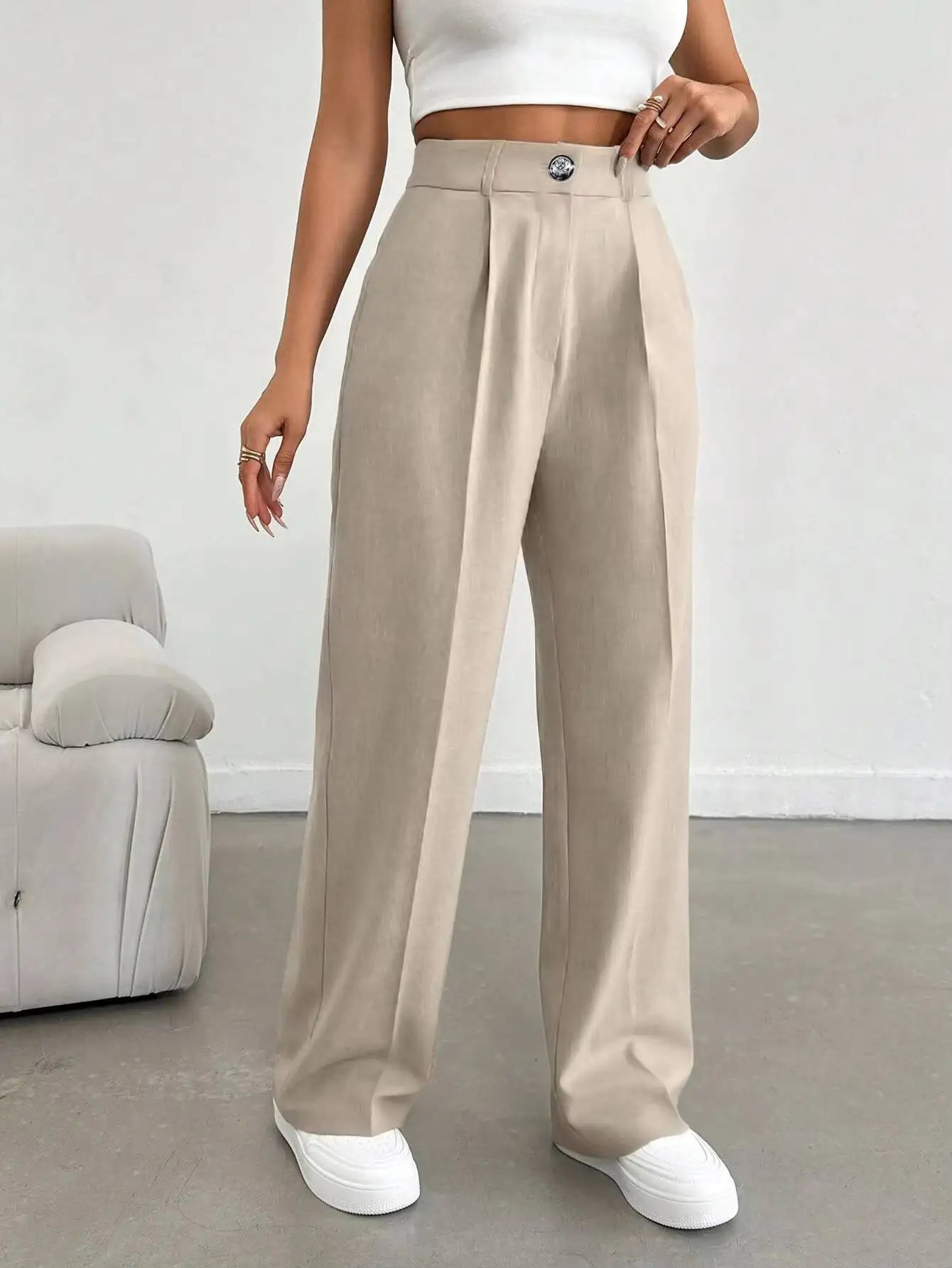 Women Spring Summer Wide Leg Trousers Casual Comfortable Loose High Waist Fashion Commuter Office Suit Pants Lightweight Beige 3