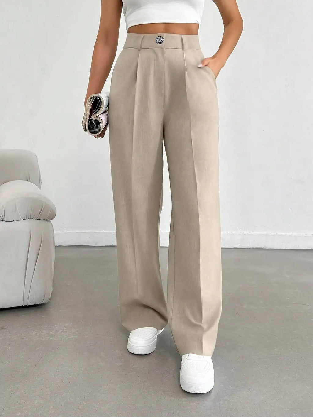 Women Spring Summer Wide Leg Trousers Casual Comfortable Loose High Waist Fashion Commuter Office Suit Pants Lightweight Beige 4