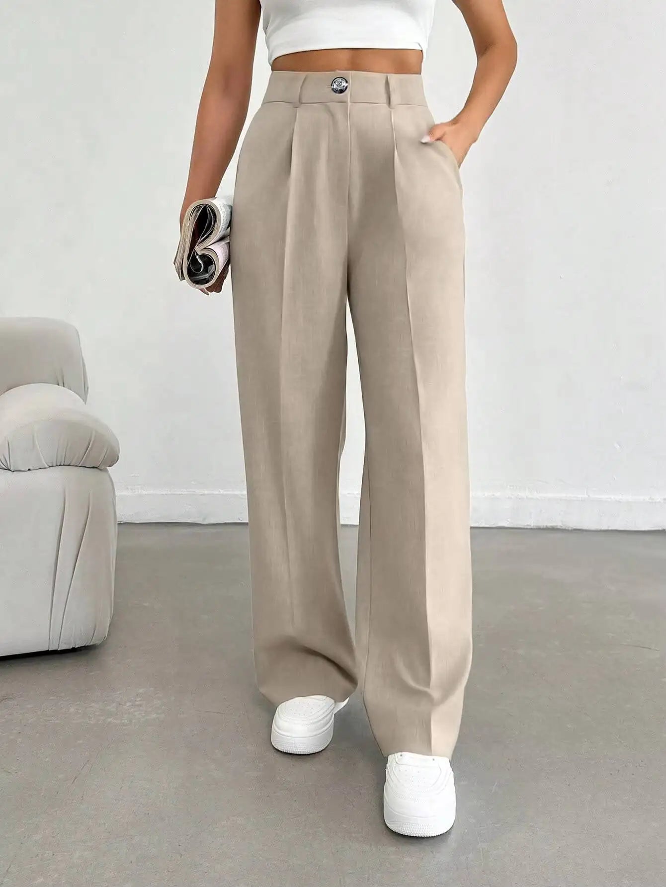 Women Spring Summer Wide Leg Trousers Casual Comfortable Loose High Waist Fashion Commuter Office Suit Pants Lightweight Beige 4