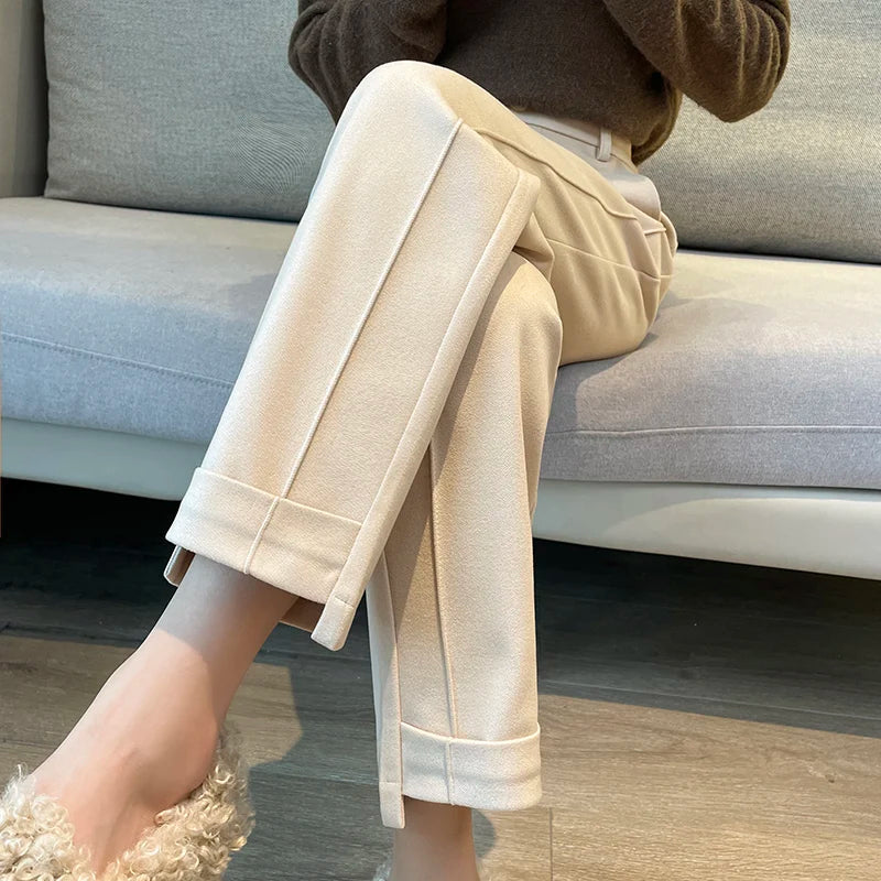 Woolen Pants Women's Harem Pencil Pants 2026 Autumn Winter High Waist Casual Pantalones Beige Black Women Ankle-Length Trousers 0