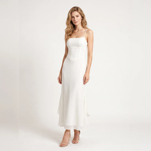 Women's Chiffon Ruffle Maxi Dress – Elegant Slip Dress with Flowing Hem-Dresses-White-XS-Keanku