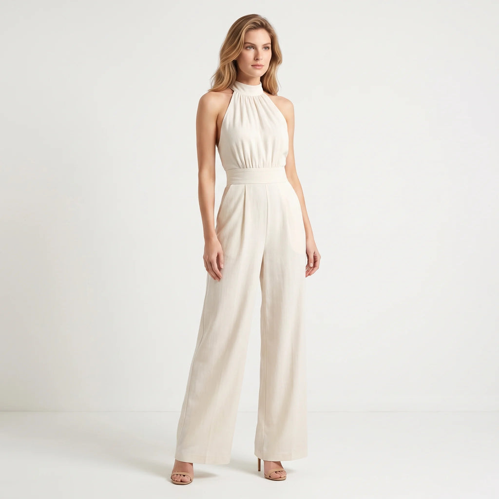 Women's Halter Neck Wide-Leg Jumpsuit – Elegant Sleeveless Textured One-Piece