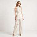 Women's Halter Neck Wide-Leg Jumpsuit – Elegant Sleeveless Textured One-Piece-Jumpsuit-Ivory-S-Keanku