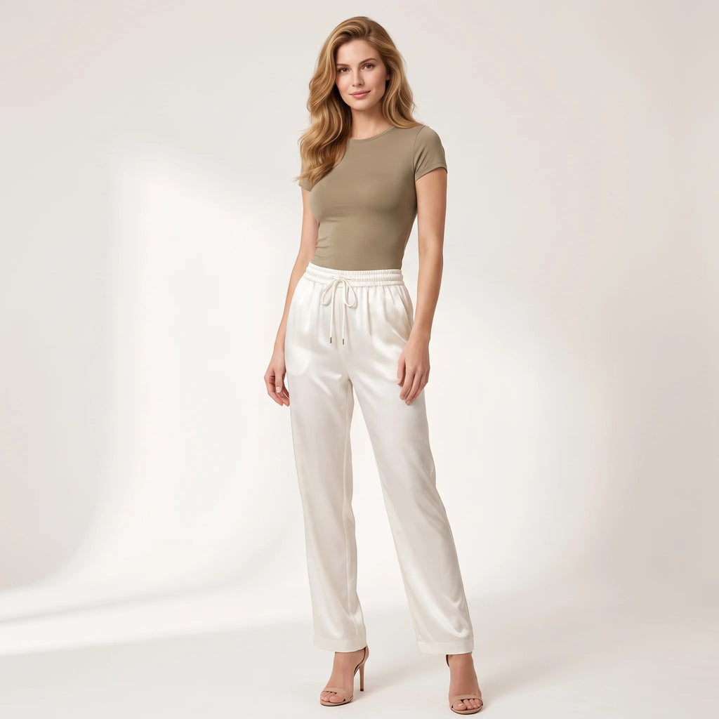 Women's Satin Wide-Leg Pants – High Waist Drawstring Relaxed Trousers