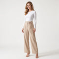 Women's Tie-Waist Wide-Leg Trousers – High Waist Elegant Office Pants-Trousers-Khaki-S-Keanku