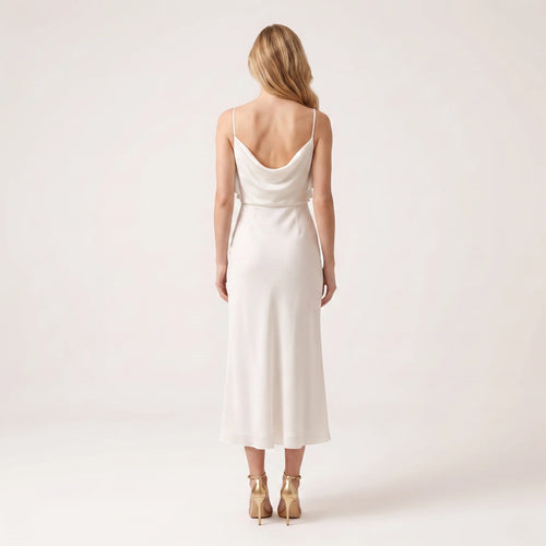 Women's Chiffon Ruffle Midi Dress – Elegant Slip Dress with Draped Neckline-Dresses-Cream-XS-Keanku