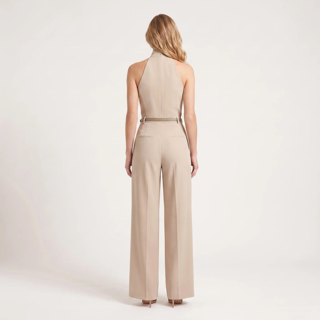 Women's Halter Neck Wide-Leg Jumpsuit – Belted Sleeveless Elegant One-Piece-Jumpsuit-Beige-S-Keanku