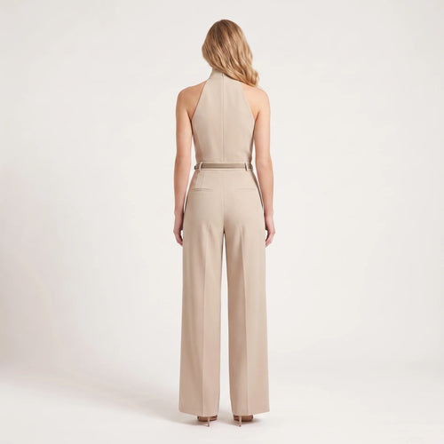 Women's Halter Neck Wide-Leg Jumpsuit – Belted Sleeveless Elegant One-Piece-Jumpsuit-Beige-S-Keanku