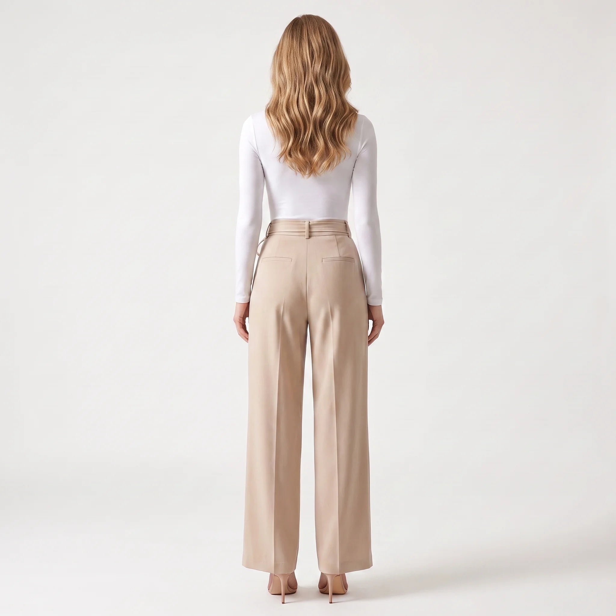 Women's Tie-Waist Wide-Leg Trousers – High Waist Elegant Office Pants-Trousers-Khaki-S-Keanku