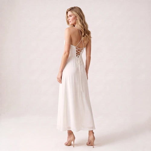 Women's Chiffon Ruffle Maxi Dress – Elegant Slip Dress with Flowing Hem-Dresses-White-XS-Keanku