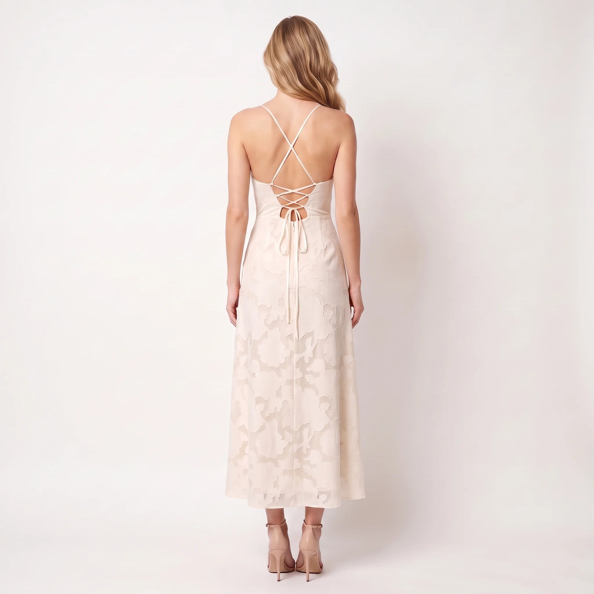 Women's Jacquard Corset Slip Maxi Dress – Elegant Floral A-Line Occasion Dress-Dresses-Beige-XS-Keanku