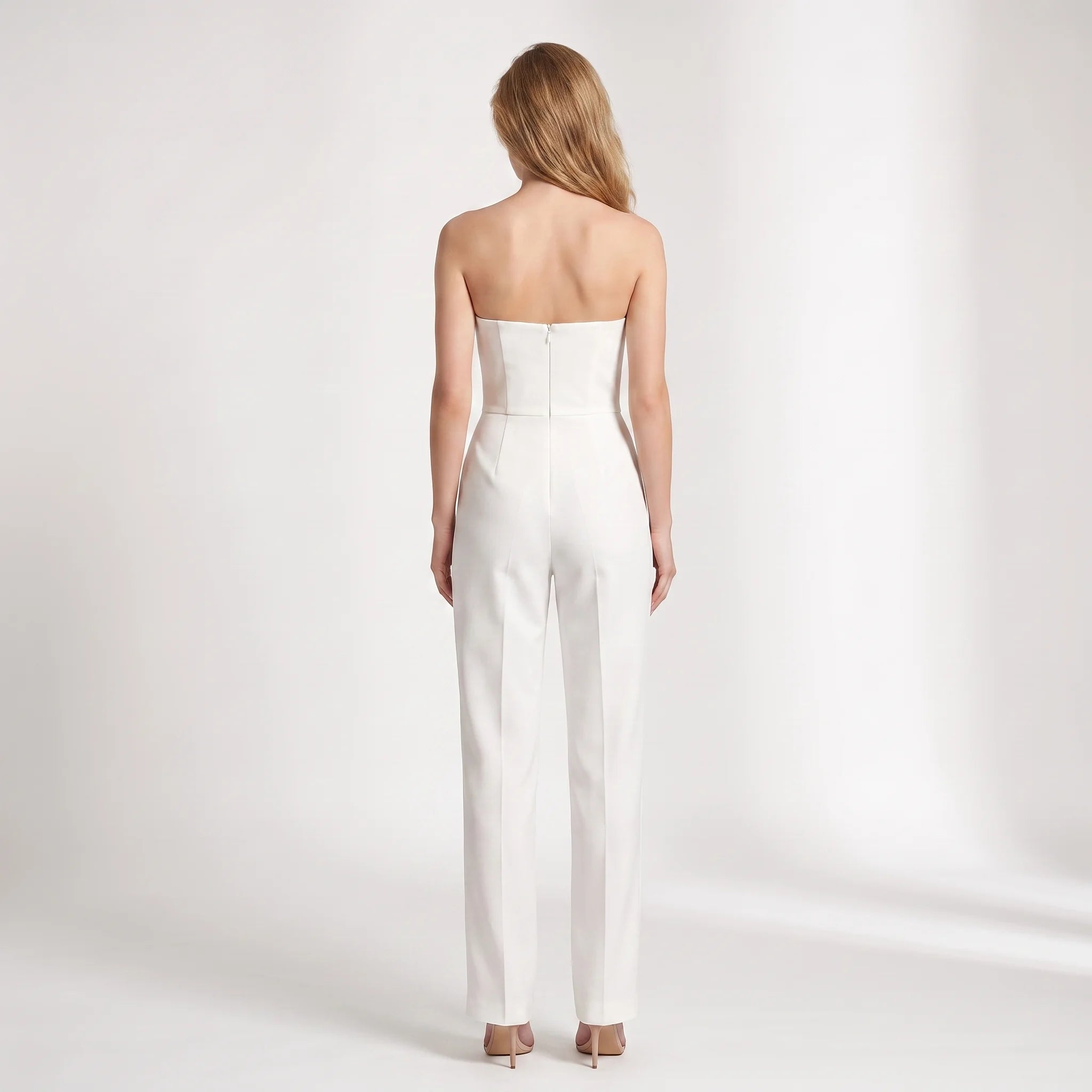 Women's Strapless Tailored Jumpsuit – Elegant Wide-Leg Sleeveless One-Piece-Jumpsuit-White-S-Keanku